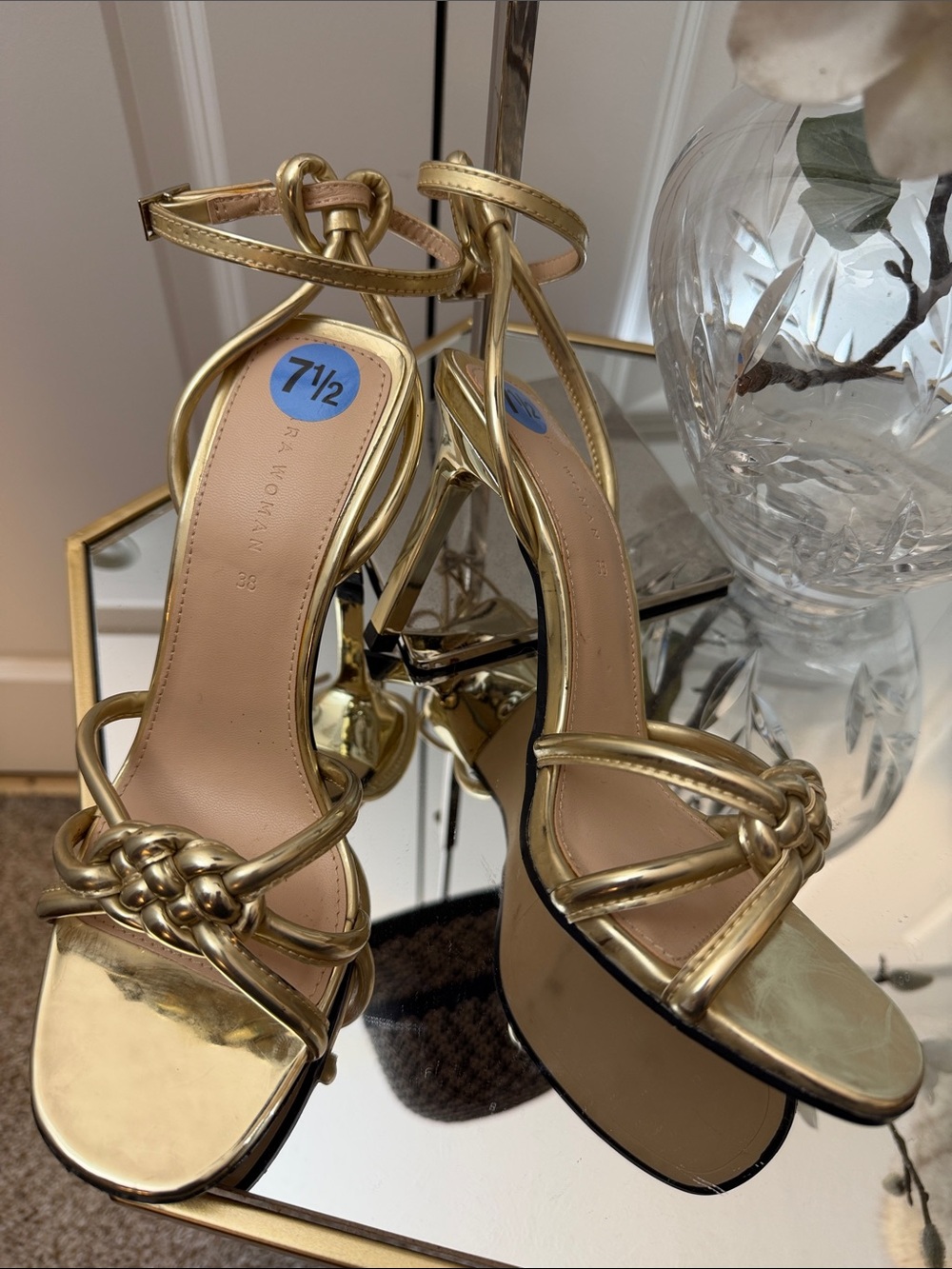 Zara Gold  Strappy Knot High Heel Sandals - 7.5-38 NEW